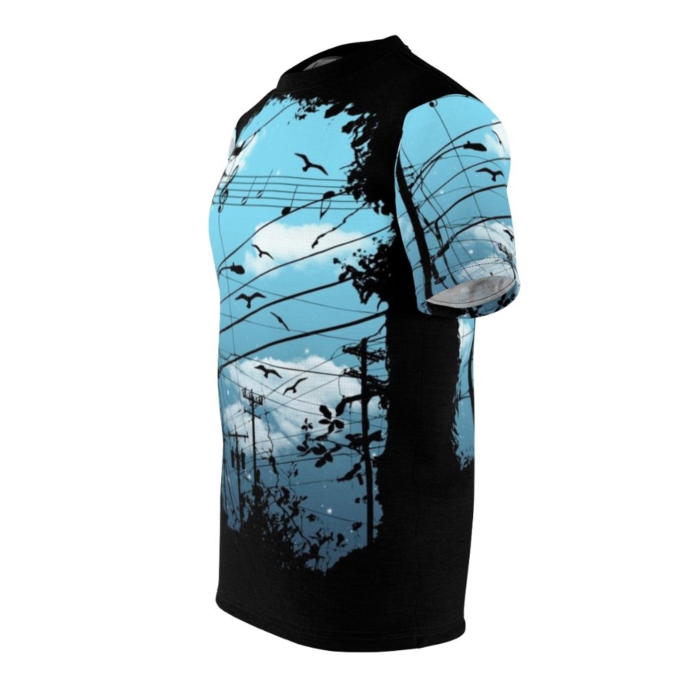 Captivating city music t-shirt featuring a design with birds, clouds, and stars against a black and blue background - men left