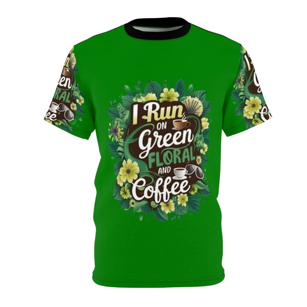 An all-over print t-shirt featuring a vibrant green floral and coffee design.