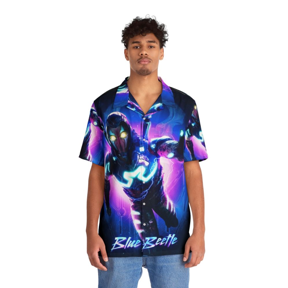 Blue Beetle Hawaiian Shirt with Young Superhero Design - People Front