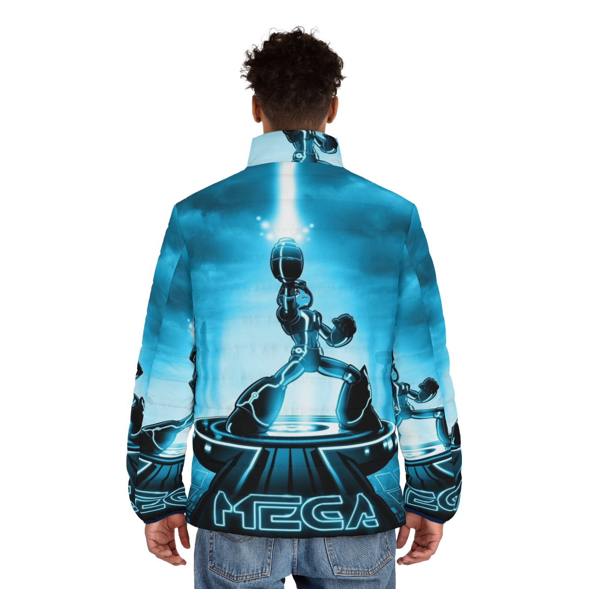 Mega Man x Tron Legacy Retro 80s Puffer Jacket with Iconic Video Game and Movie Characters - men back