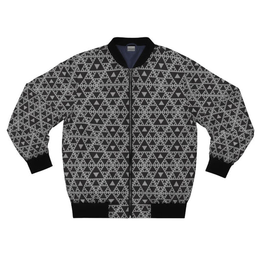 Dark-colored bomber jacket with a repeating triangle pattern, inspired by motion capture technology and Sierpinski triangles.