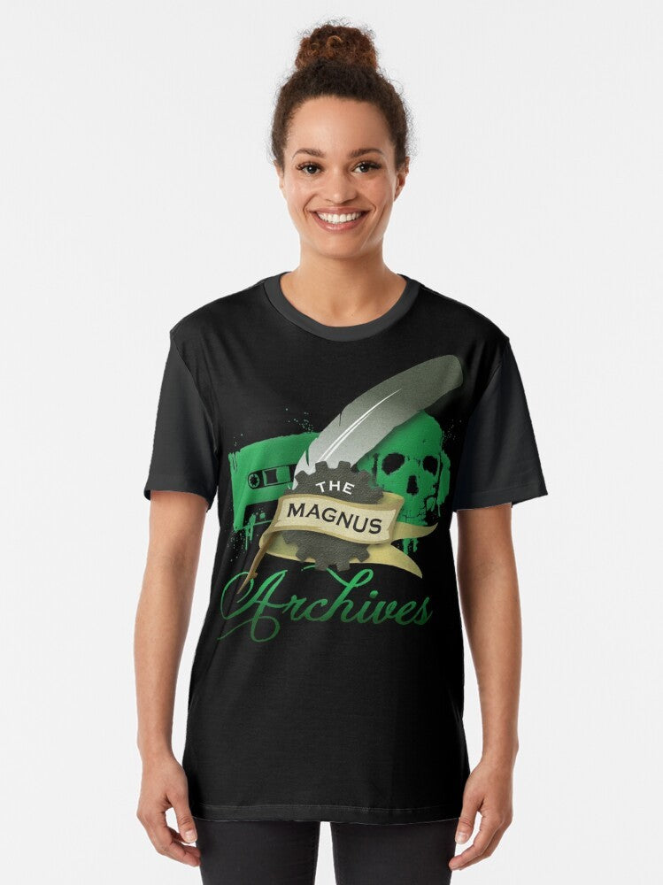 The Magnus Archives logo graphic t-shirt with cog, ink, and banner design - Women