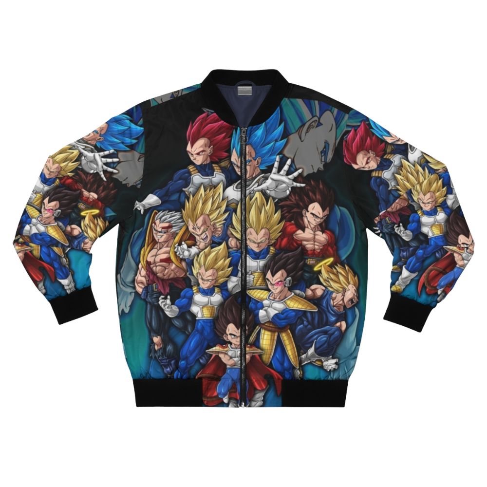 A bomber jacket featuring the iconic Vegeta character from the anime series Dragon Ball Z.