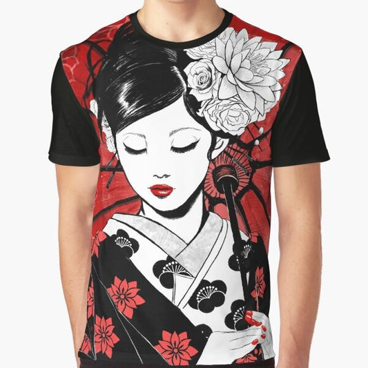 Geisha Japan Graphic T-Shirt featuring a modern, pop art design with a Japanese geisha, flowers, and umbrella in red, white, and black.