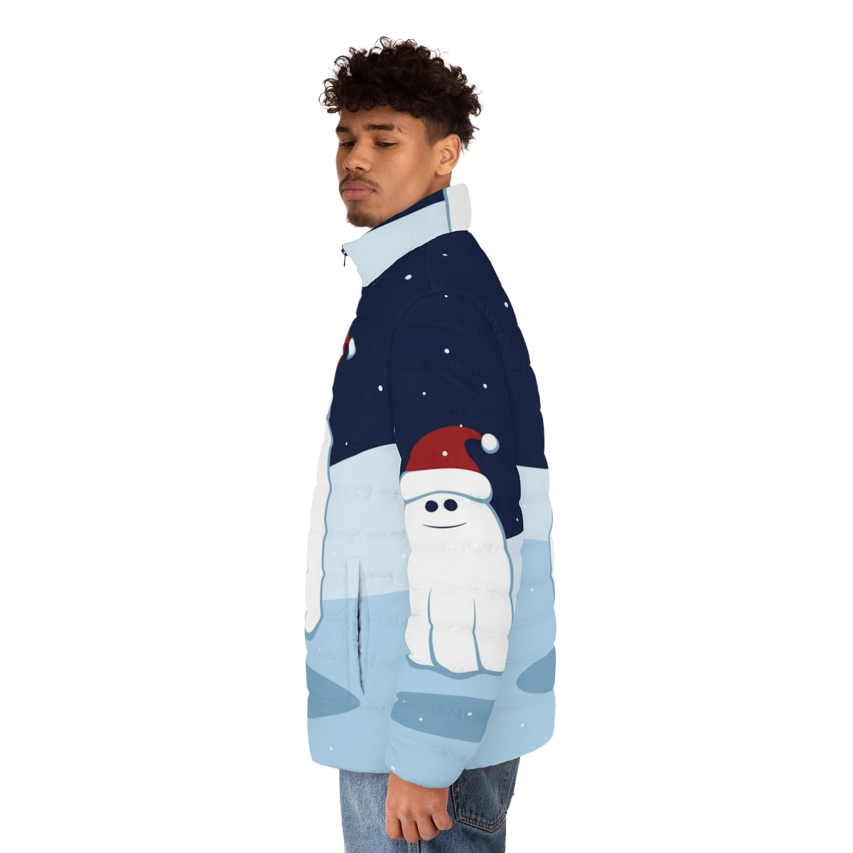 Cute cartoon Christmas ghost puffer jacket for winter weather - men side left