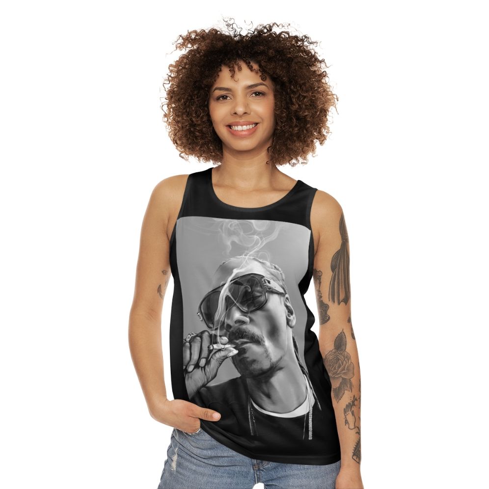 Snoop Dogg inspired unisex tank top with cannabis graphic design - women