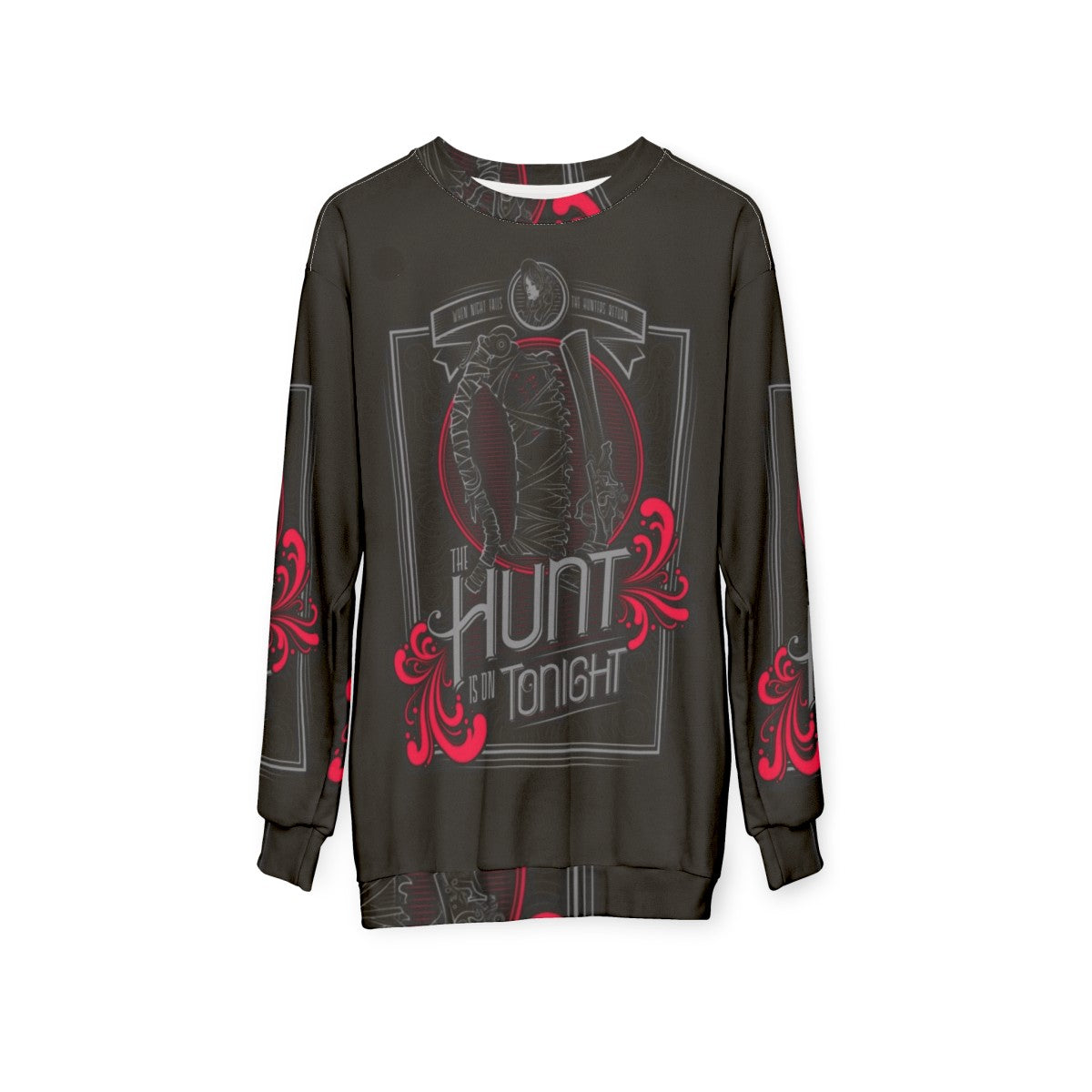 "The Hunt" Sweatshirt featuring gothic horror game-inspired design - hanging