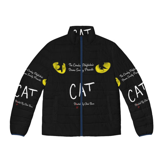 A cozy puffer jacket featuring a playful cat design inspired by the comedy 'The Play That Goes Wrong'.