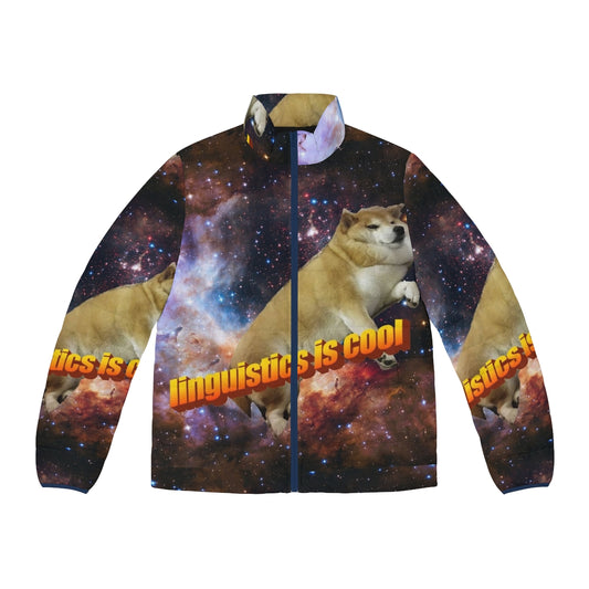 Linguistics themed puffer jacket with shiba inu graphic