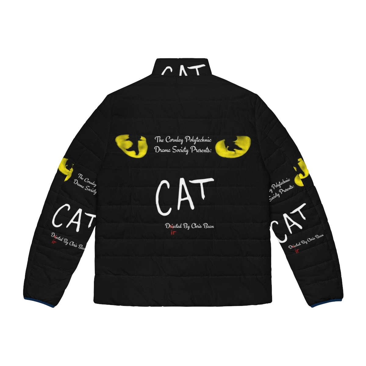 A cozy puffer jacket featuring a playful cat design inspired by the comedy 'The Play That Goes Wrong'. - Back