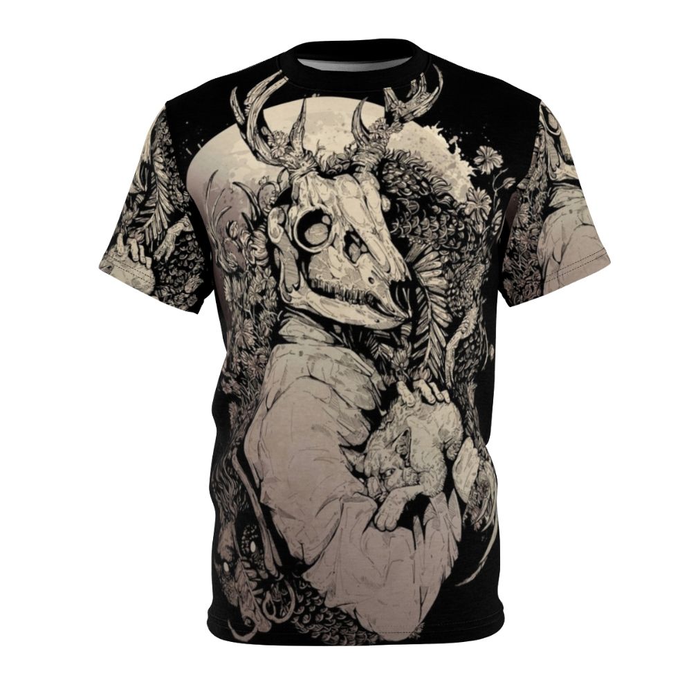 Gothic fantasy sepia t-shirt featuring a dragon and skull design