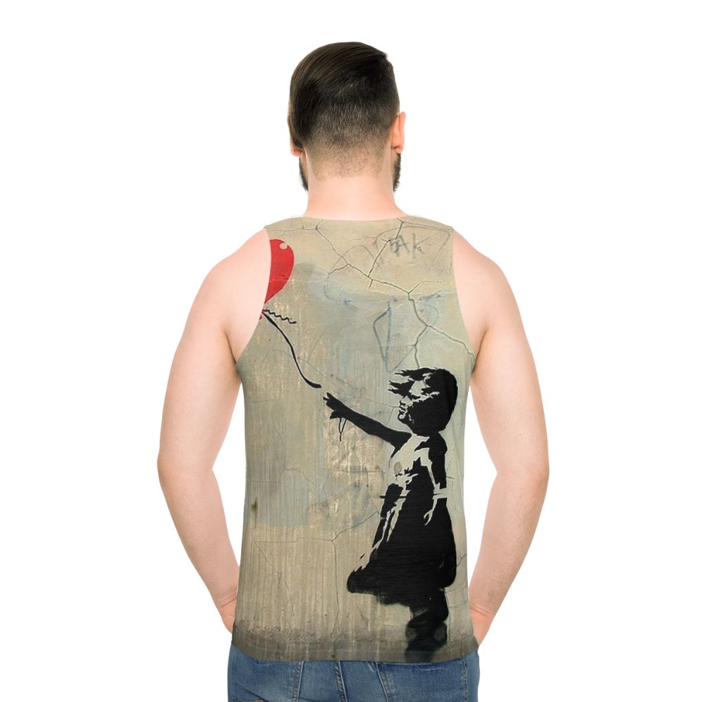 Banksy-inspired red tank top with heart balloon graphic - men back