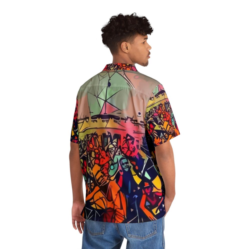 Colorful abstract Hawaiian shirt inspired by Kendrick Lamar's 'To Pimp a Butterfly' - Flat lay