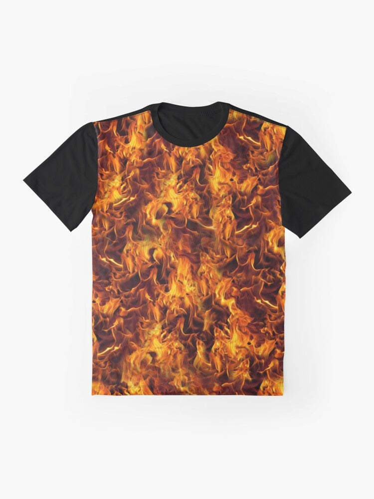 Fiery graphic t-shirt with a bold fire and flames pattern design - Flat lay