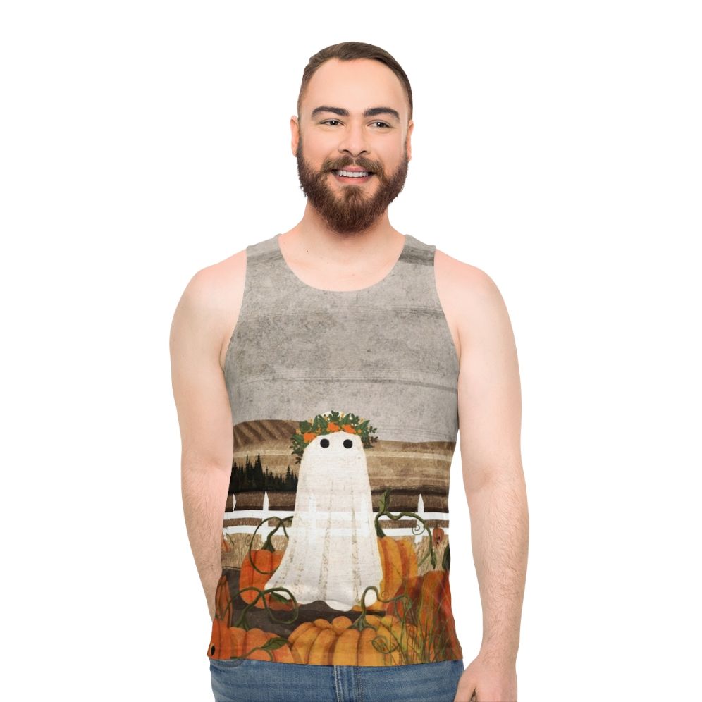 Unisex tank top with vintage pumpkins patch and ghost design - men