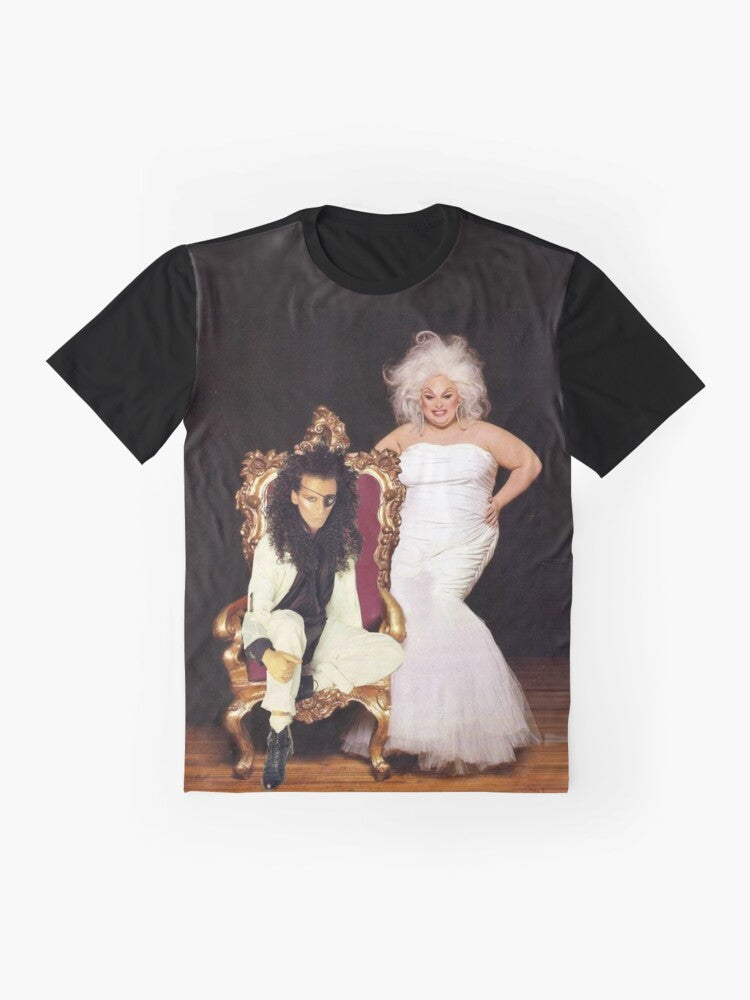 Graphic t-shirt featuring 80s music icons Pete Burns and Divine from the band Dead or Alive - Flat lay