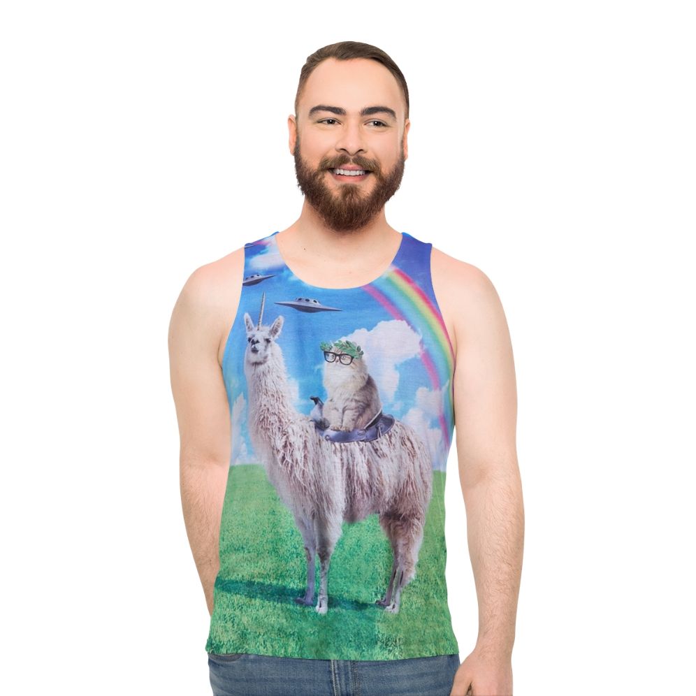 Cat riding llama unicorn with rainbow and UFO graphic tee - men