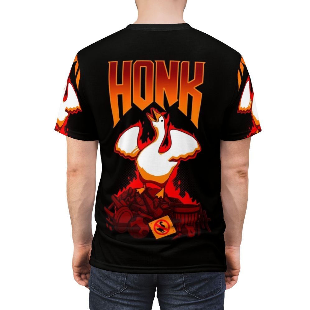 Honk geese gaming t-shirt design featuring a goose character in a heavy metal inspired style - men back