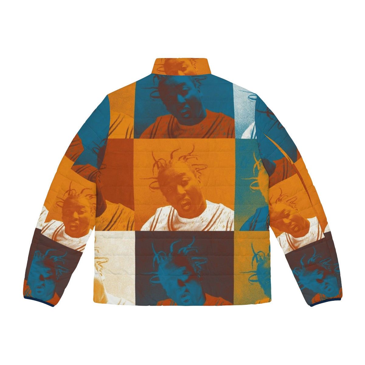 Ol Dirty Bastard Warhol Repeat Puffer Jacket featuring a halftone graphic design in orange and teal colors - Back