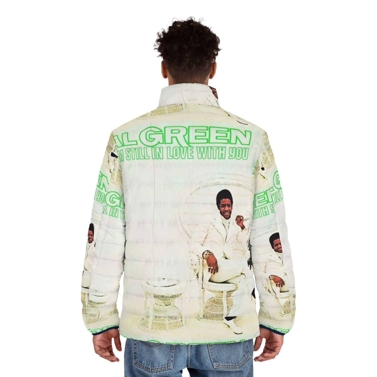 Puffer jacket featuring the album cover art for "I'm Still in Love with You" - men back