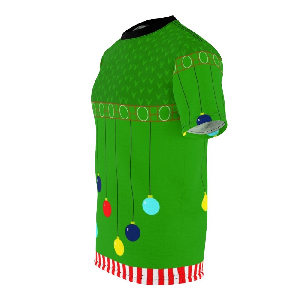 Image of a green and red t-shirt with a bold, festive Arthur Christmas sweater design - men left