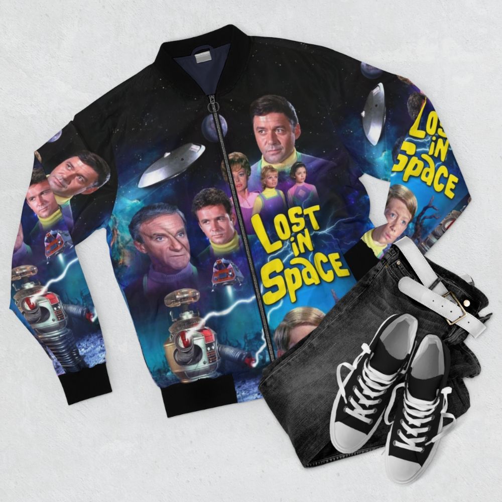 Lost in Space Season 3 space-themed bomber jacket with patch and embroidered design - Flat lay