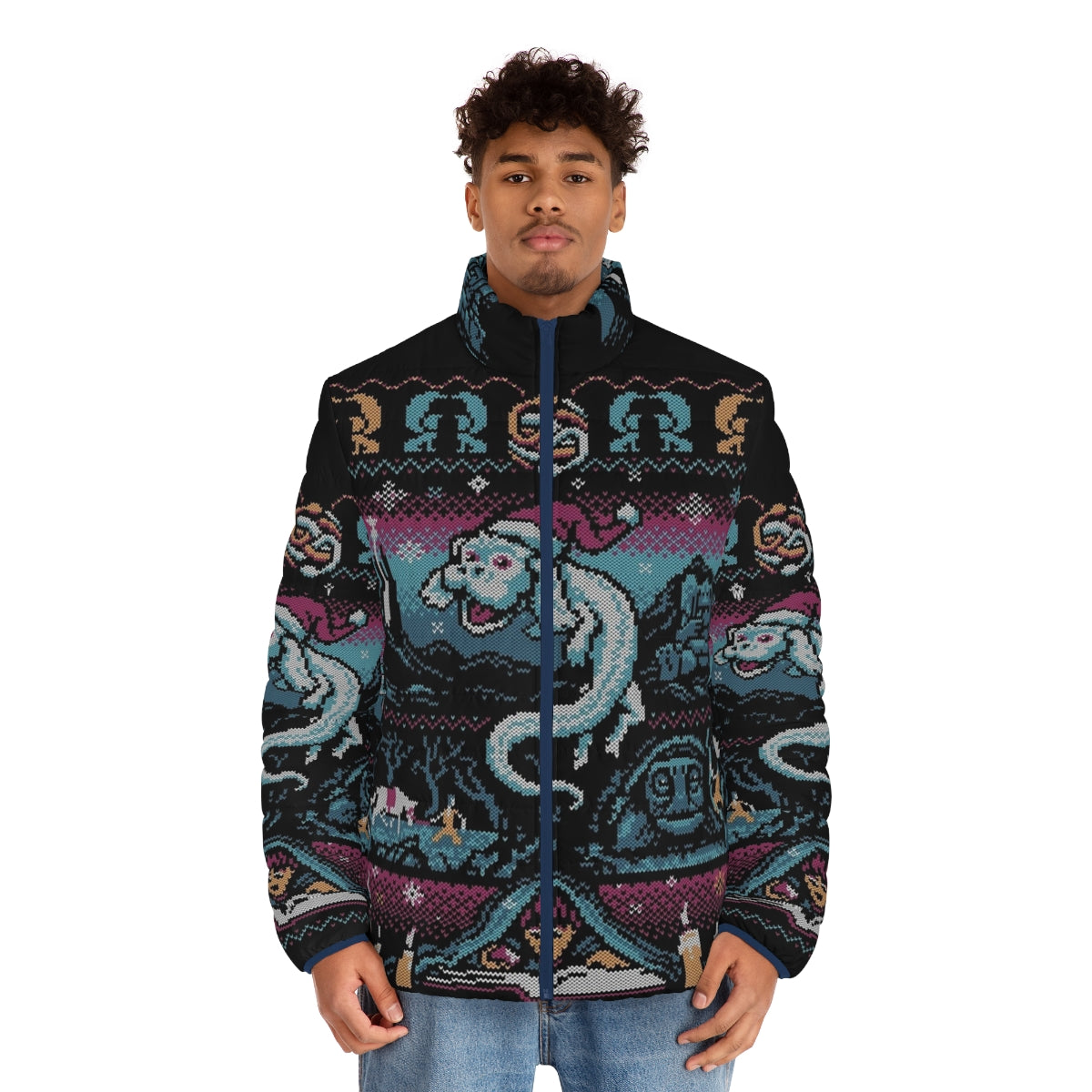 Neverending Story-inspired Falcor puffer jacket featuring a whimsical holiday design - men front