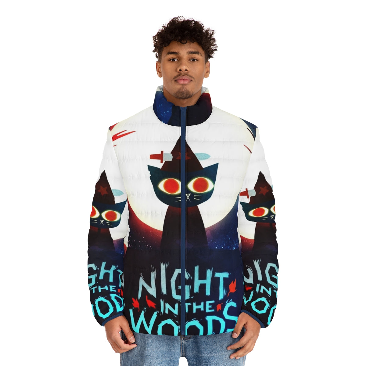 Puffer jacket with witch and dagger design, inspired by the video game Night in the Woods - men front