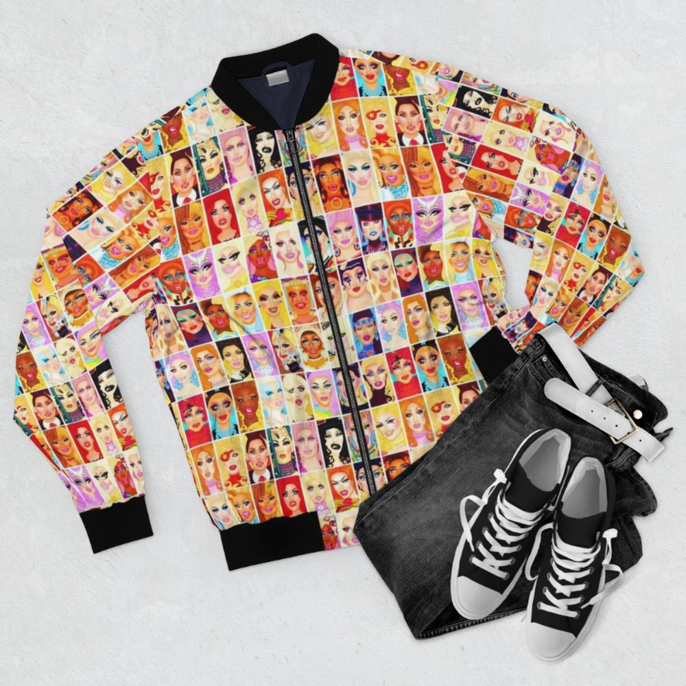 Drag Queen Royalty Bomber Jacket featuring a bold and vibrant design - Flat lay