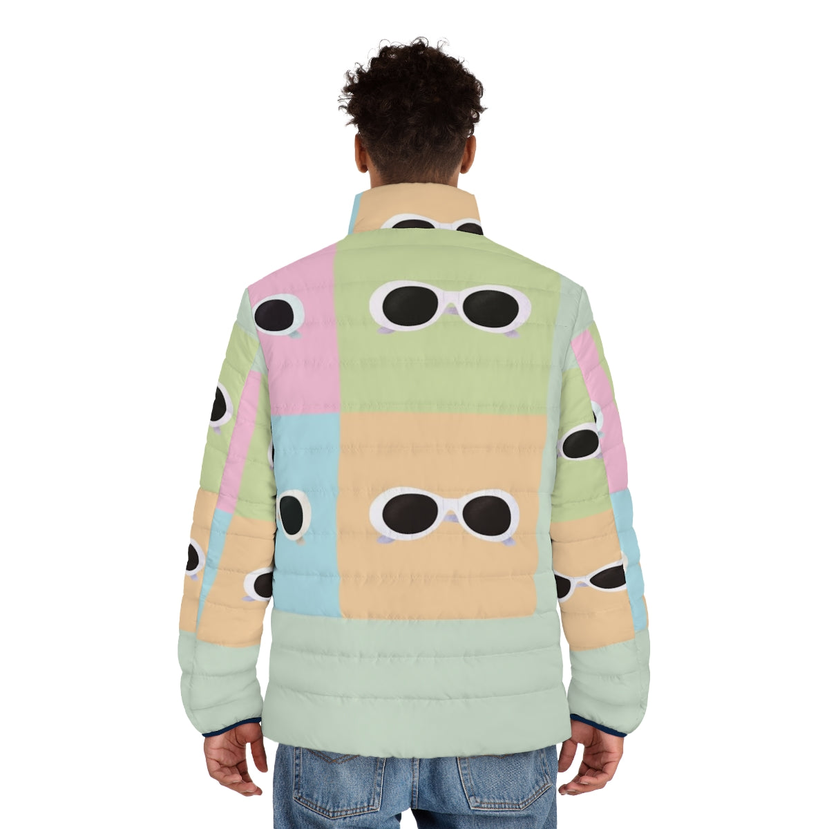 David Rose inspired pop art puffer jacket featuring pastel rainbow colors and Schitt's Creek graphics - men back