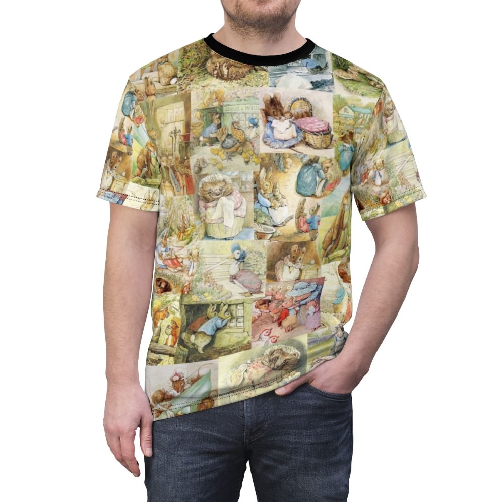 Collage T-shirt featuring a whimsical design inspired by the works of Beatrix Potter, including characters like Peter Rabbit and Jemima Puddle-Duck. - men front