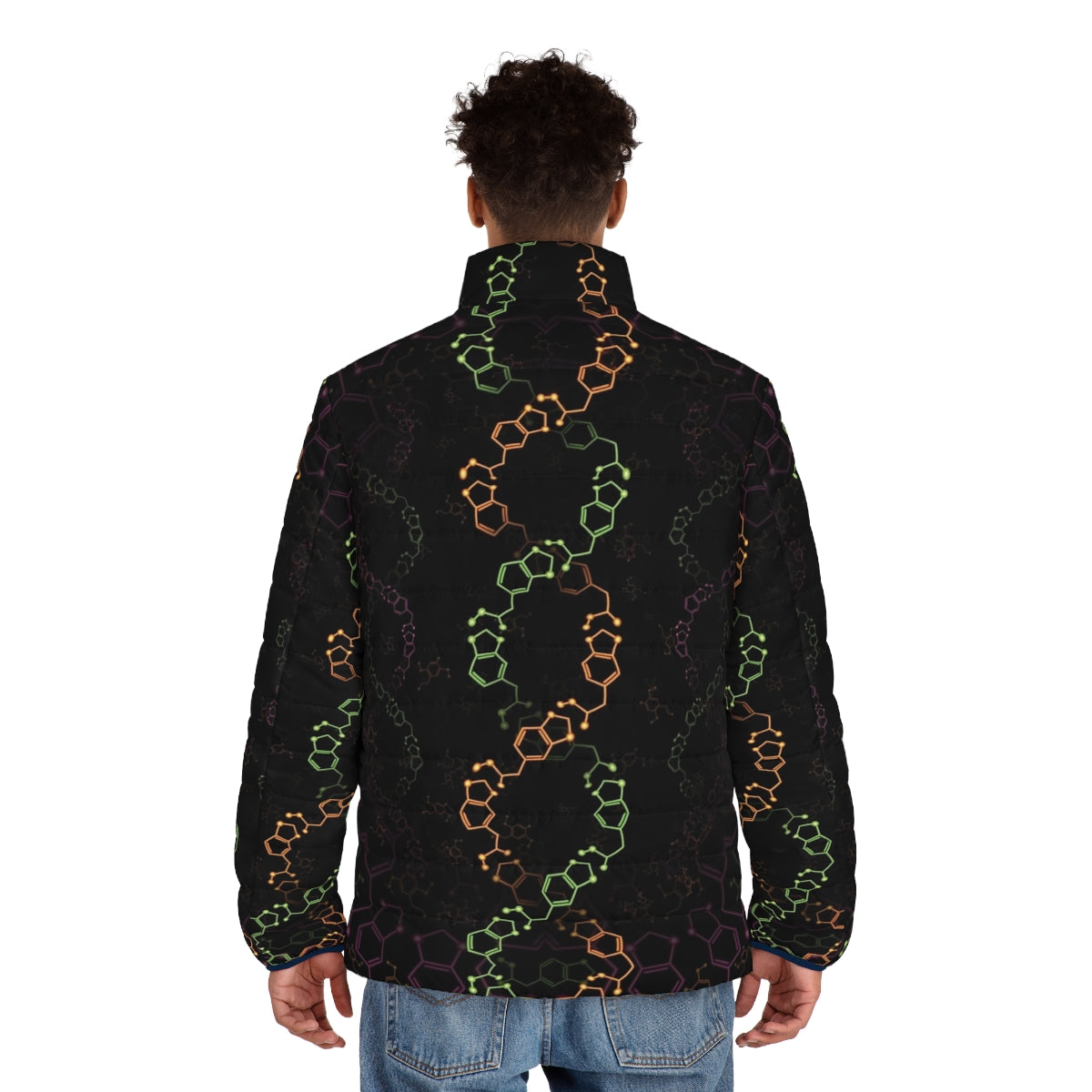 Psychedelic molecule-inspired puffer jacket with trippy, visionary design - men back