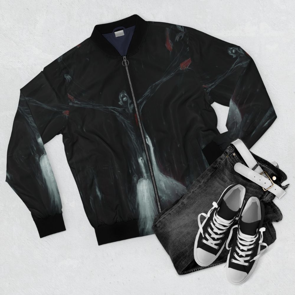 Lantlôs .neon Blackstetics Bomber Jacket - Sleek and stylish black bomber jacket inspired by the German post-metal band's album art. - Flat lay