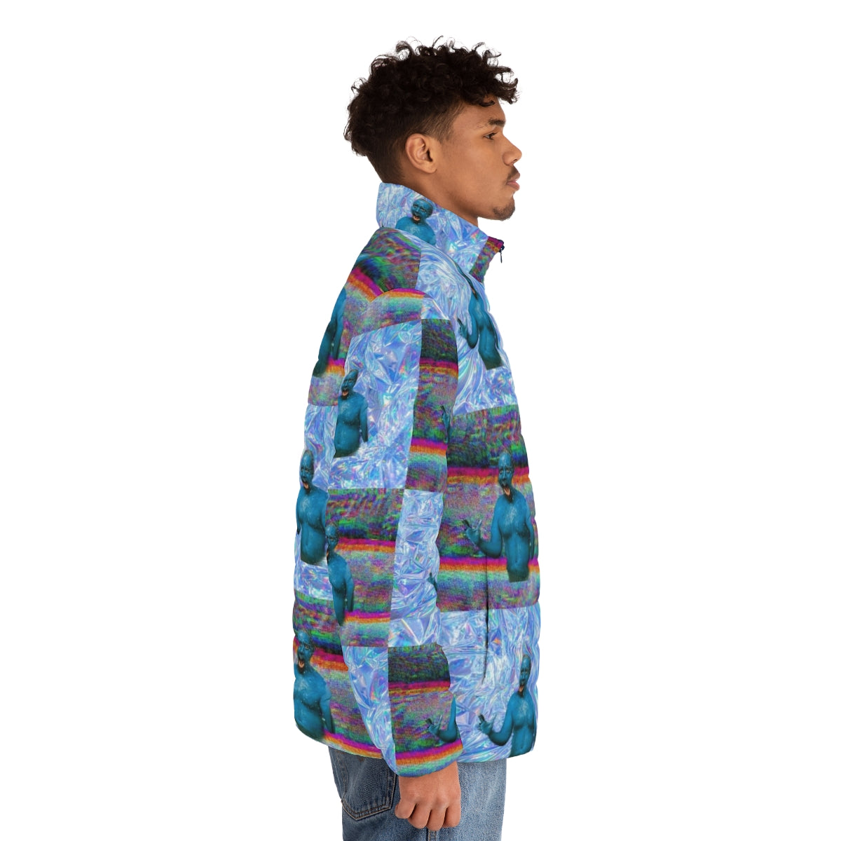 Marty Wolf puffer jacket from the movie "Big Fat Liar" with a vaporwave, glitch, and holographic aesthetic - men side right