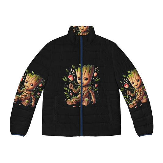 Baby Groot puffer jacket with kawaii, cute 80s comic style design