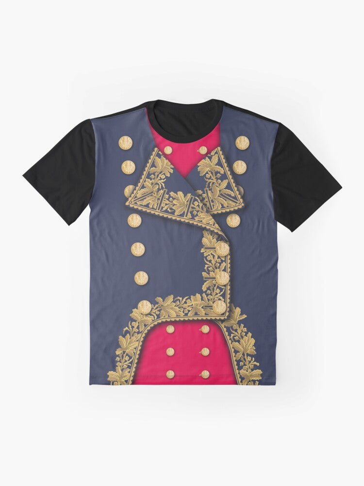 Napoleonic General Graphic T-Shirt featuring a vintage military uniform design in blue and red colors - Flat lay