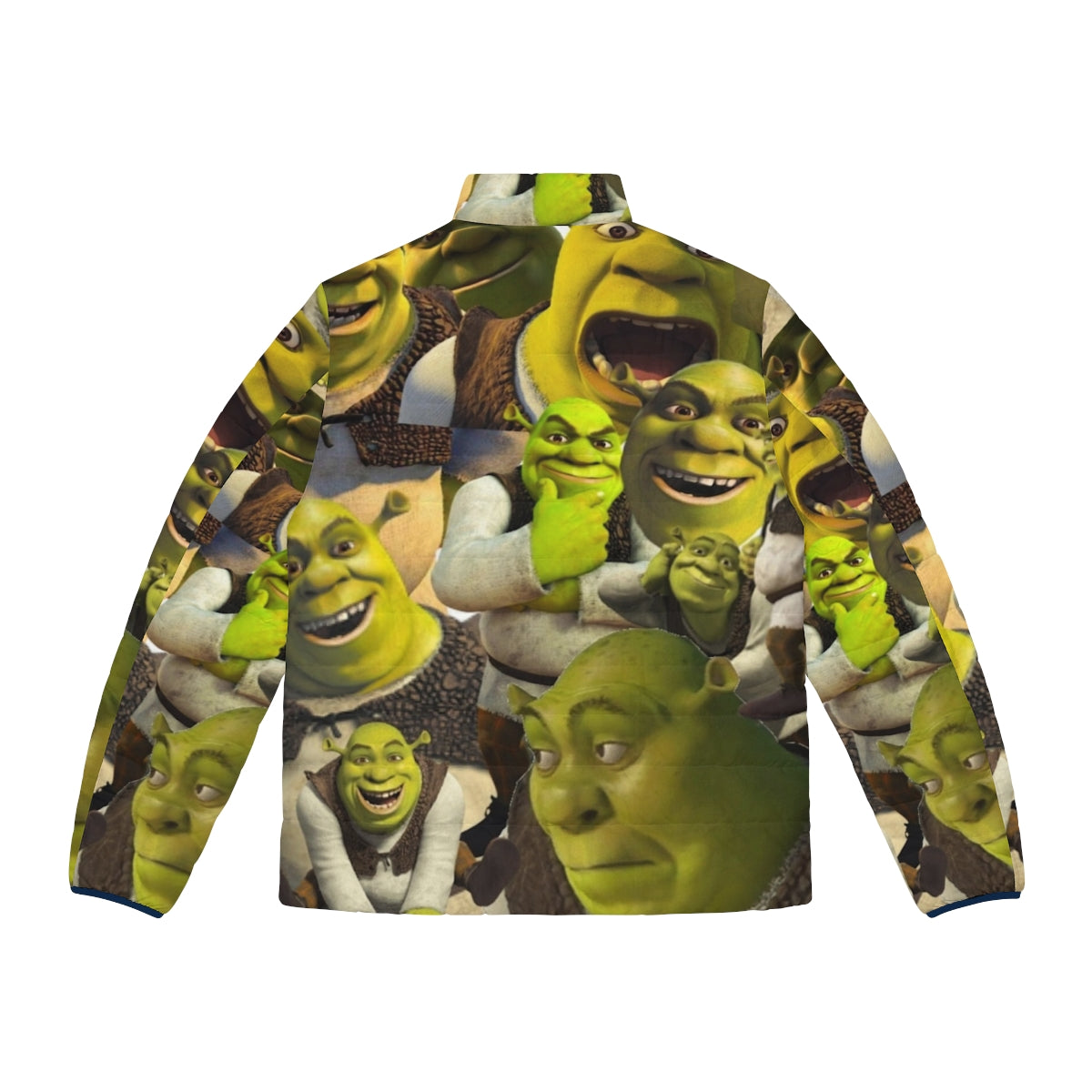 A vibrant green puffer jacket featuring the beloved character Shrek, perfect for fans of the popular culture phenomenon. - Back