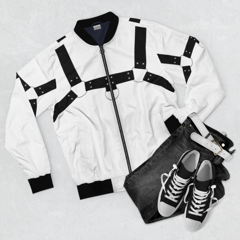 Leather bomber jacket with harness design, for LGBTQ+ men - Flat lay