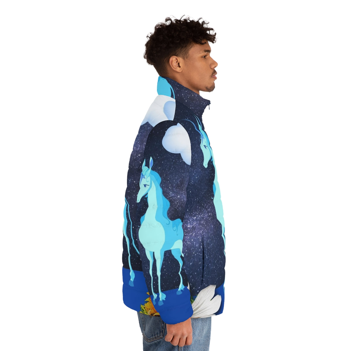 The Last Unicorn Lunar Landscape Puffer Jacket featuring a nostalgic 80s fantasy illustration of the unicorn character. - men side right