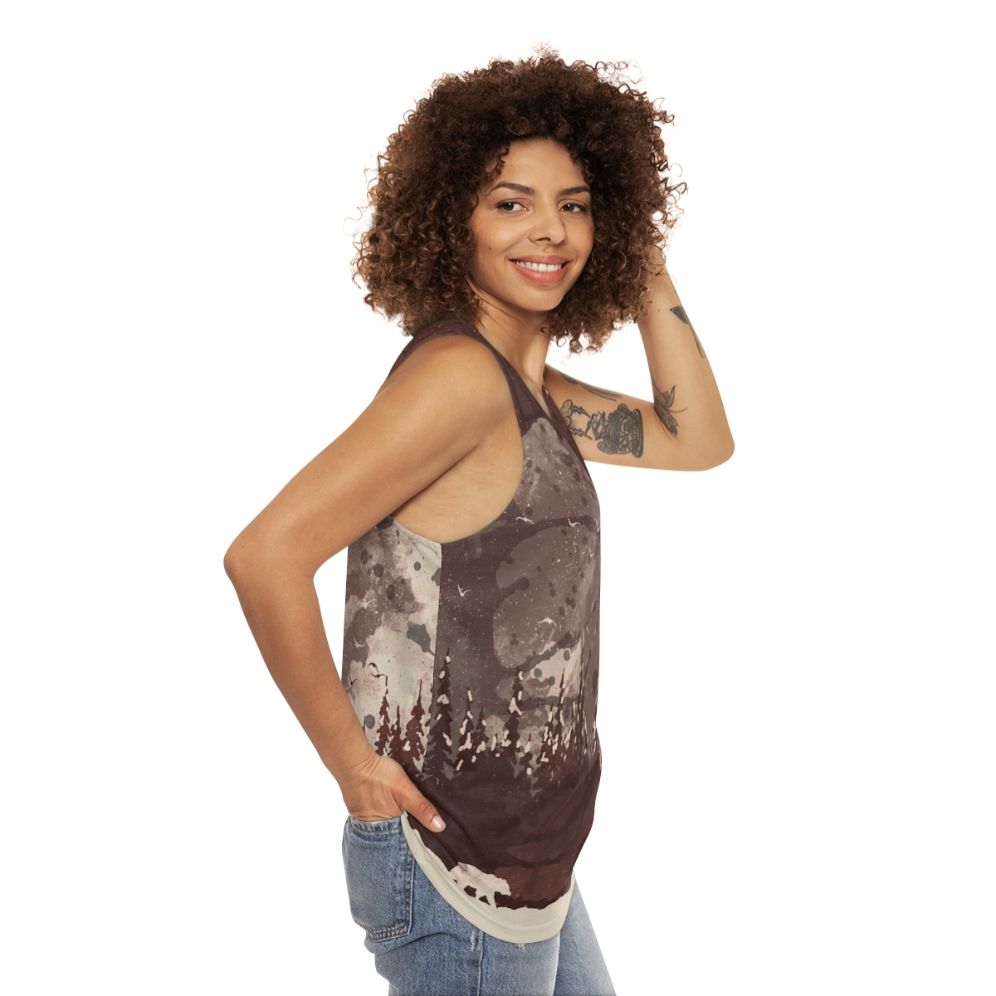 Unisex tank top with a bear design in a winter landscape - women side