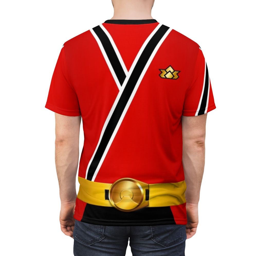 Vibrant red graphic t-shirt with samurai-inspired artwork and design - men back