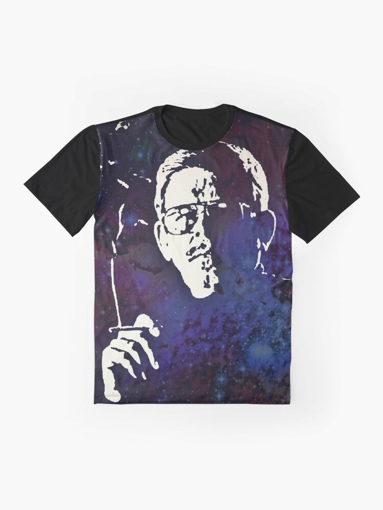 Graphic t-shirt featuring iconic Art Bell design, inspired by the Coast to Coast AM radio show - Flat lay