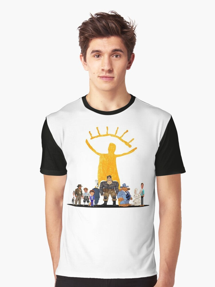 Point and Click Adventure Games Graphic T-Shirt featuring classic LucasArts characters and logos - Men