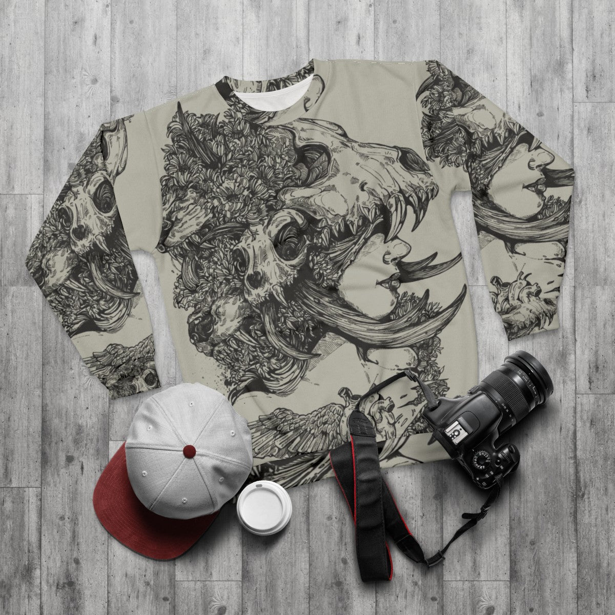 Edgy Girl Sweatshirt featuring an ink skull and wolf antlers design - flat lay