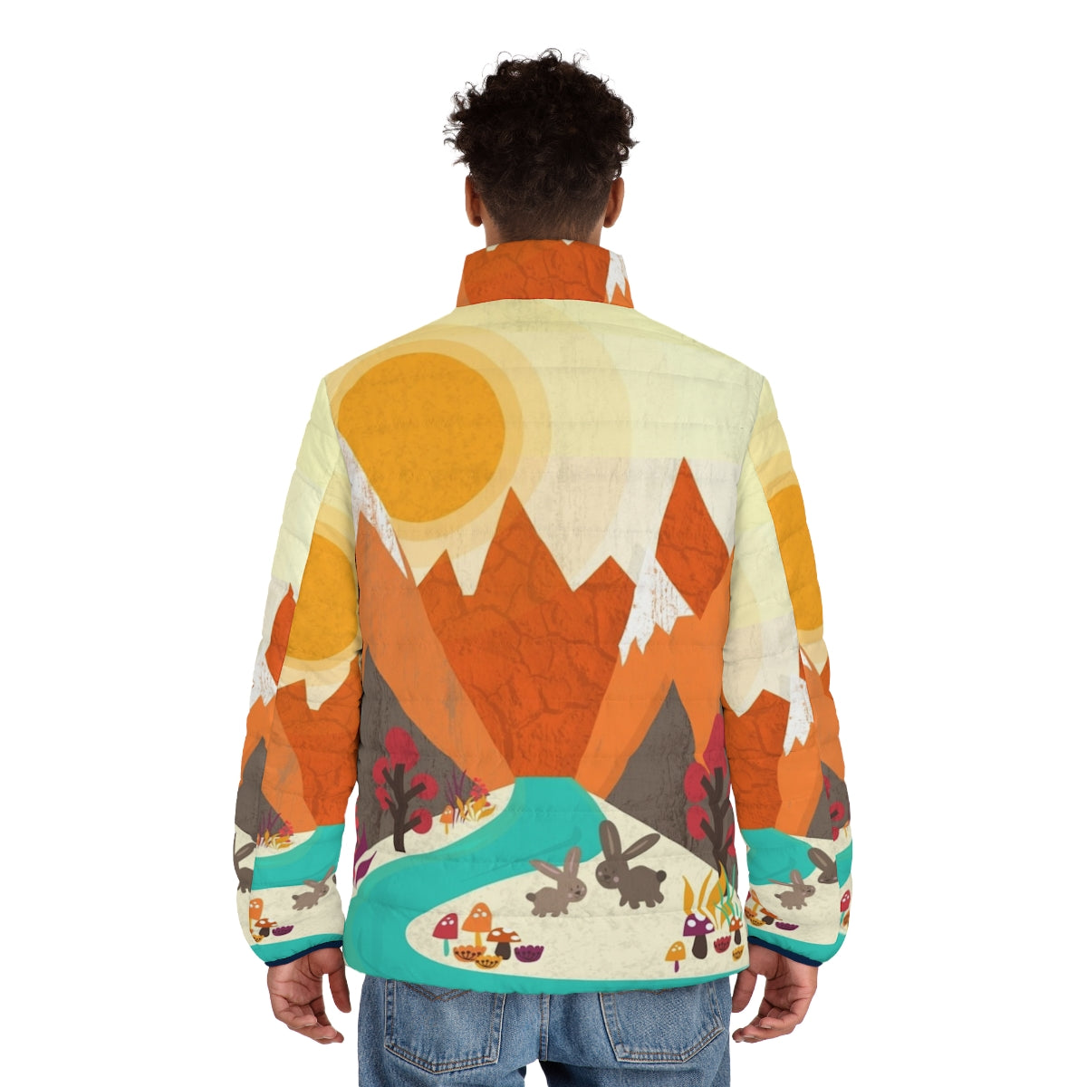 Colorful puffer jacket with nature and landscape elements like trees, flowers, and a rabbit - men back