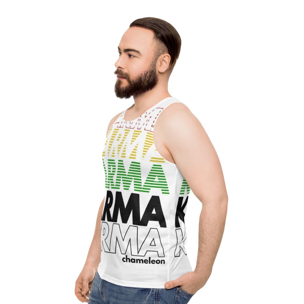 Retro 1980s unisex tank top with Karma Club design - men side