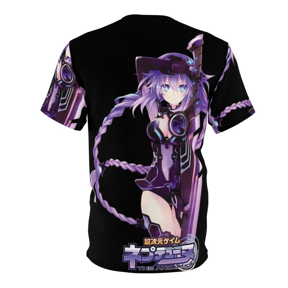 Anime-inspired t-shirt design featuring the character Purple Heart from the Hyperdimension Neptunia series, holding a glowing sword. - Back