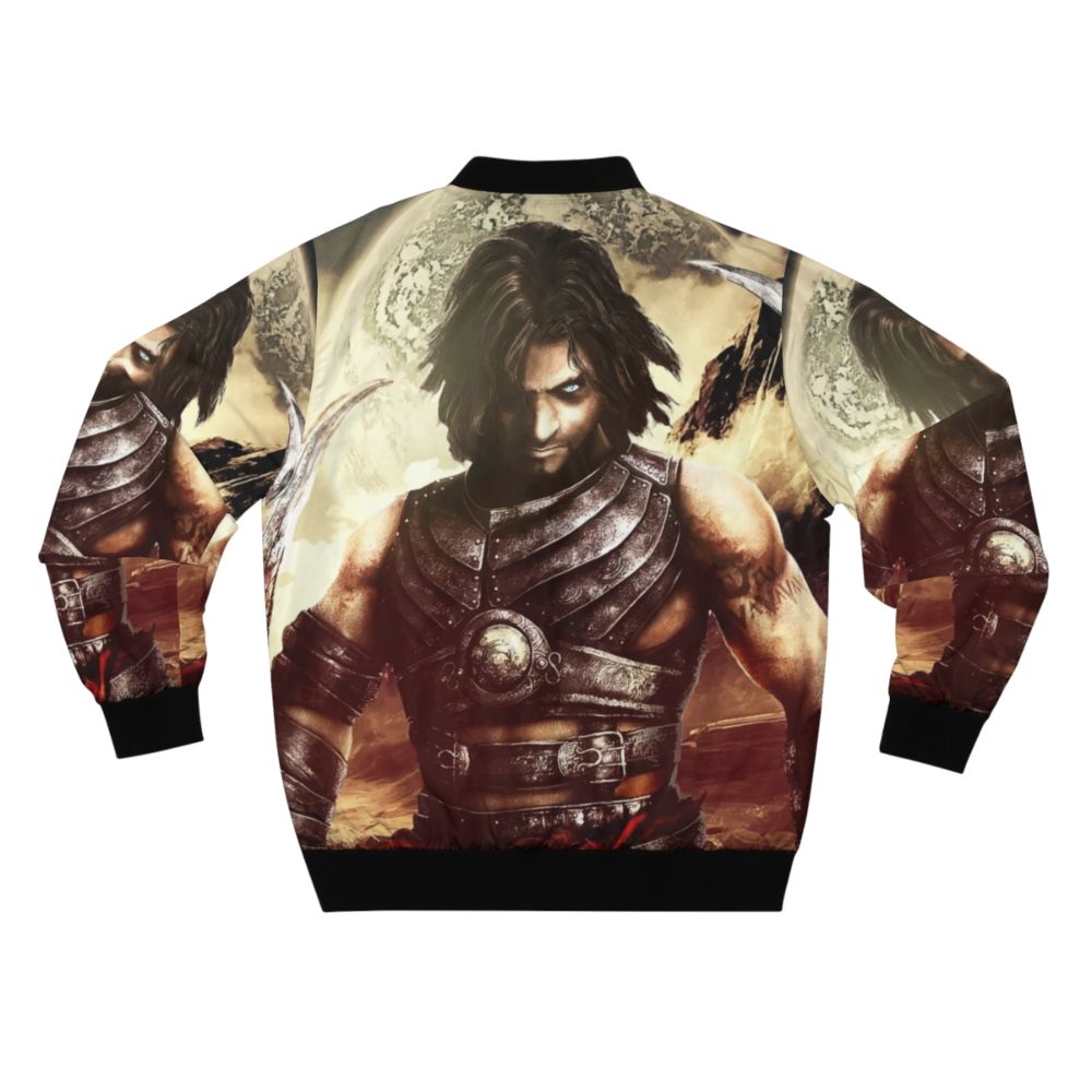 Prince of Persia fantasy-inspired bomber jacket with swords, landscapes, and the prince character - Back