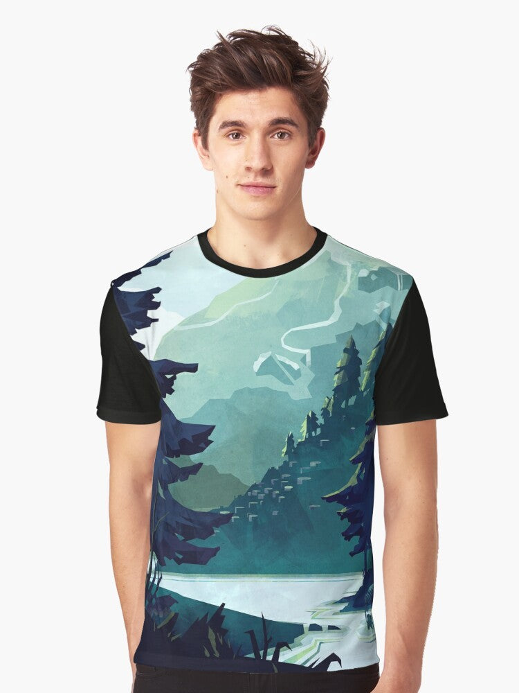 A t-shirt featuring a beautiful graphic design of the Canadian Rocky Mountains with a scenic landscape of mountains, water, and a colorful sky. - Men