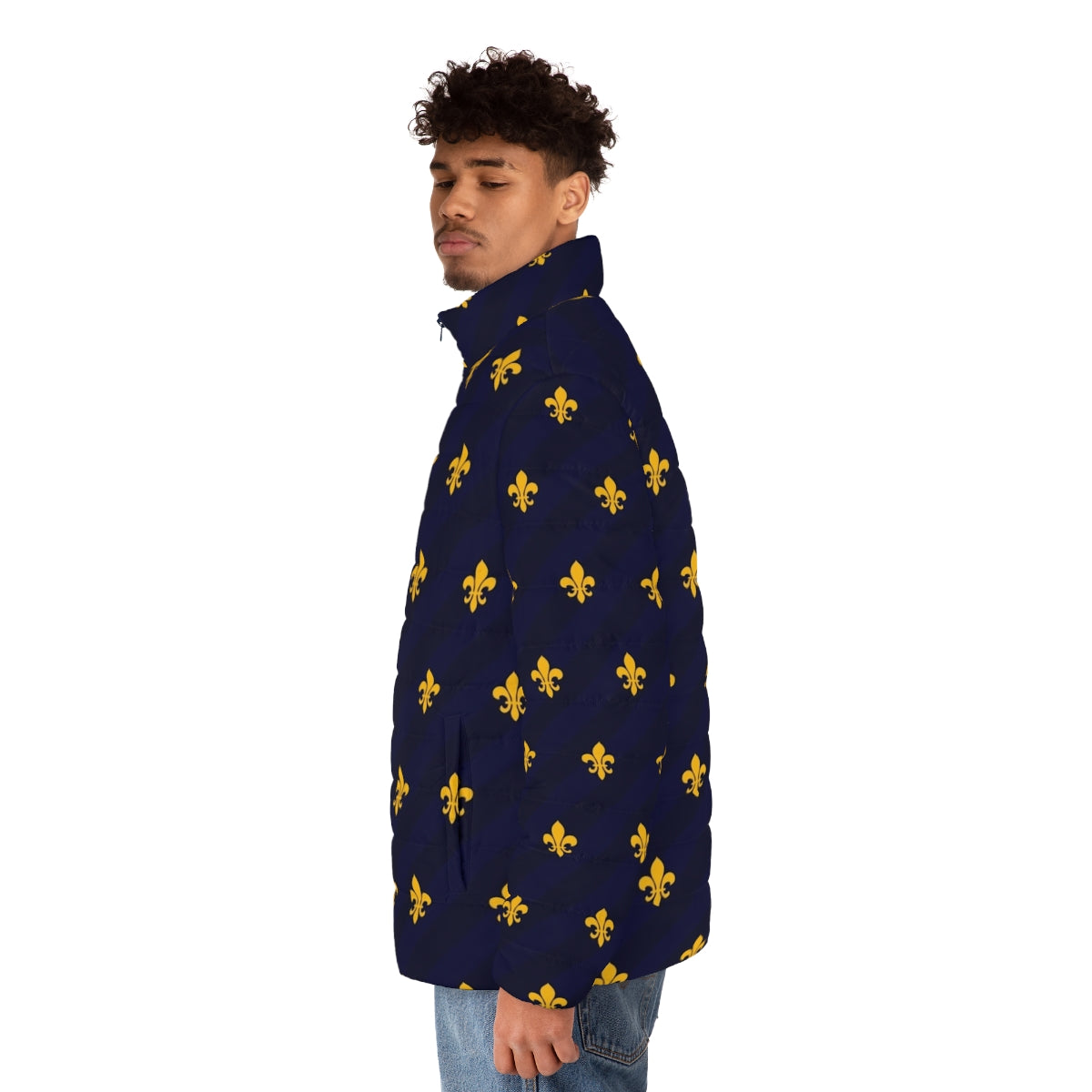 Fleur de Lys Gold and Blue Puffer Jacket, featuring the iconic French flower emblem - men side left